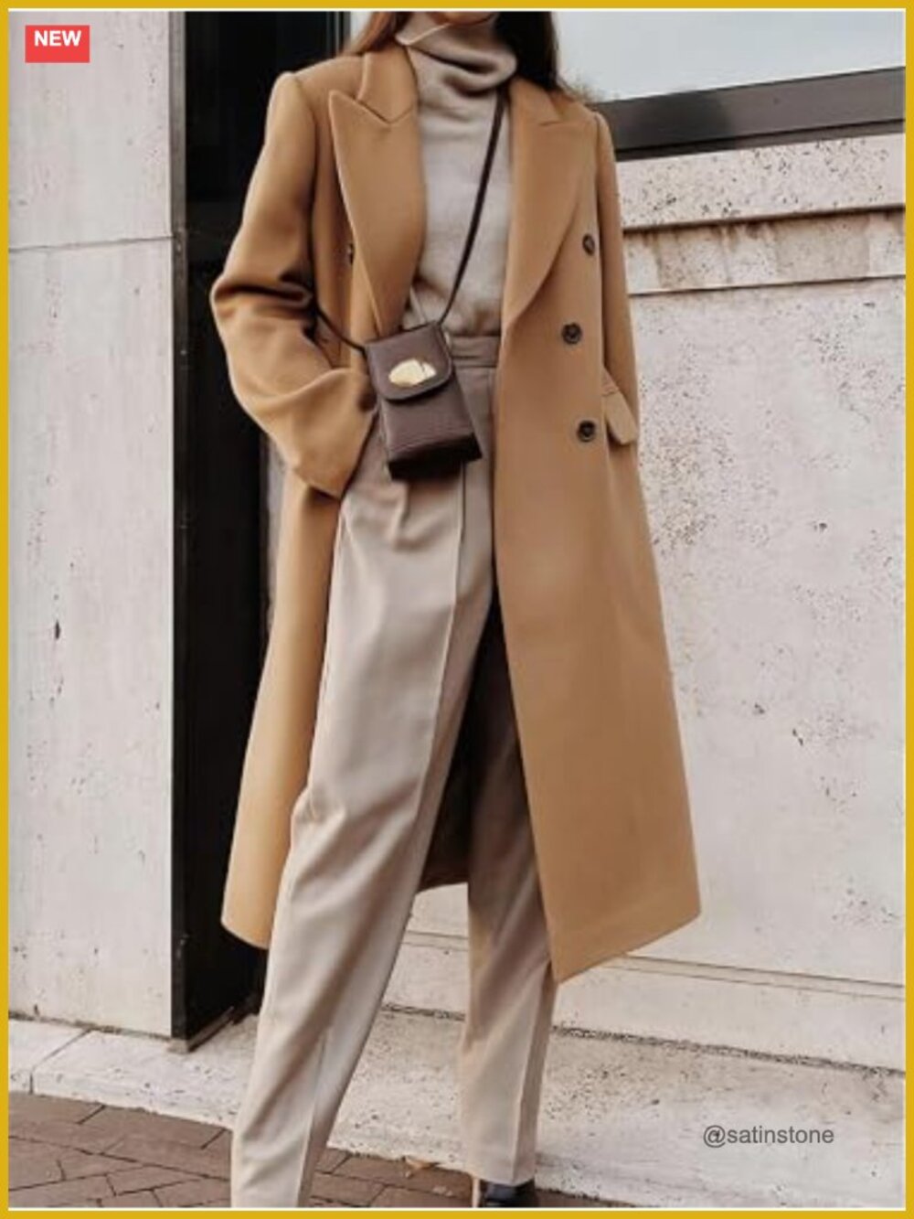 Long Wool Blend Pea Coat Double Breasted Trench Coat with Notch Lapel - Picture 3 of 3